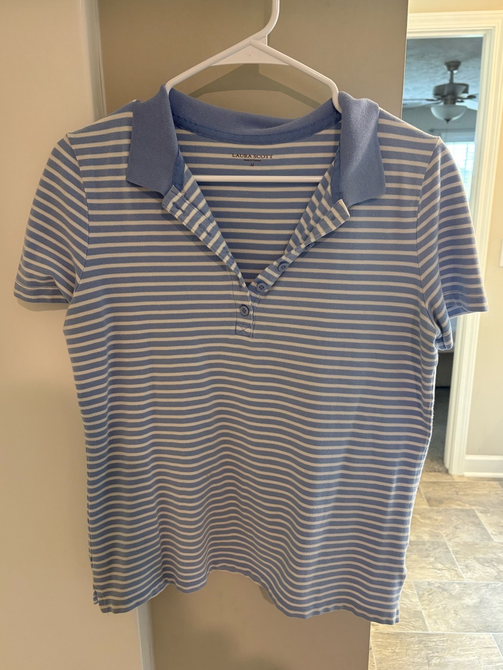 Laura Scott Light Blue and White Striped Polo Shirt